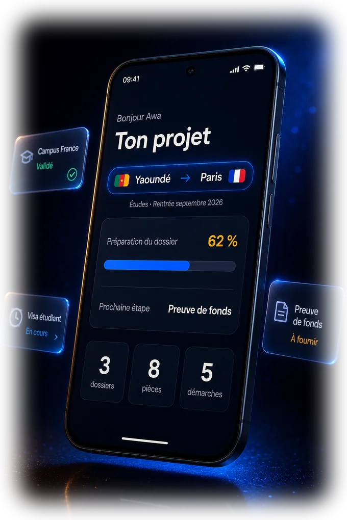 Aperçu de l'application Ayago : écran d'accueil du projet Yaoundé → Paris, préparation du dossier à 62 %, prochaine étape preuve de fonds.
